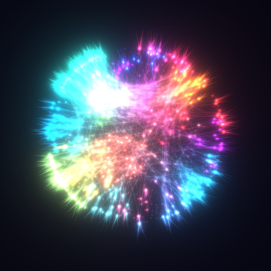 The collaboration network as a glowing orb of a thousand people, clustered by team color